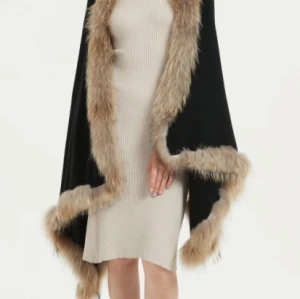 Wholesale OEM high quality wool cashmere women poncho with fur from Chinese manufacturer