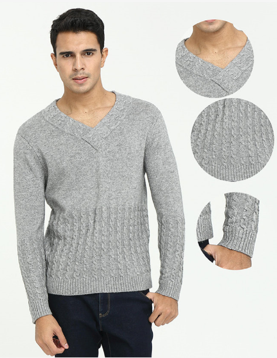 Men's Pure Cashmere Vneck with full cable knit for fall winter
