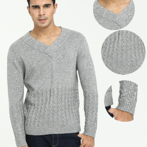 Wholesale men's pure cashmere vneck knitwear with full cable knit for fall winter China supplier