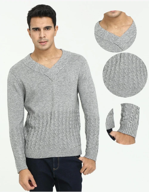 Wholesale men's pure cashmere vneck knitwear with full cable knit for fall winter China supplier