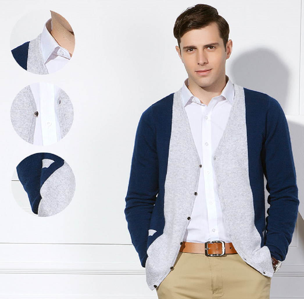 Men's Pure Cashmere Cardigan with color blocks