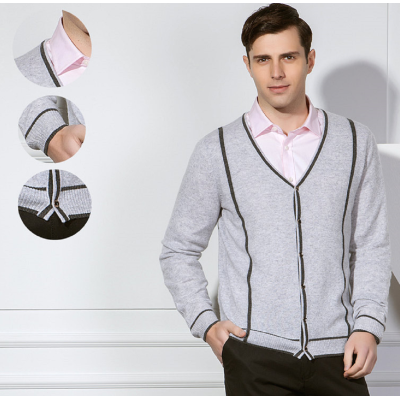 Custom design men's pure cashmere cardigan kknitwear with stripes for fall winter China manufacturer