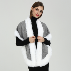 Wholesale Latest Fashion High Quality Women Cashmere Poncho with Fur Collar