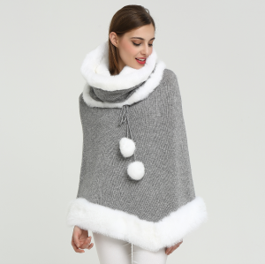 Wholesale Fashion High Quality Women Cashmere Poncho with Fur Collar