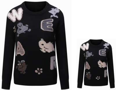 Parent-child sweater with words and cartoon intarsia pattern in nature color