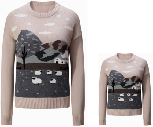 Cashmere knitting parent-child sweater with landscape intarsia pattern in nature color