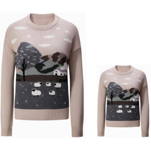 Cashmere knitting parent-child sweater with landscape intarsia pattern in nature color