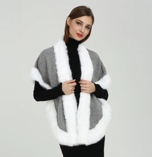 Wholesale New Fashion High Quality Women Cashmere Poncho with Fur Collar
