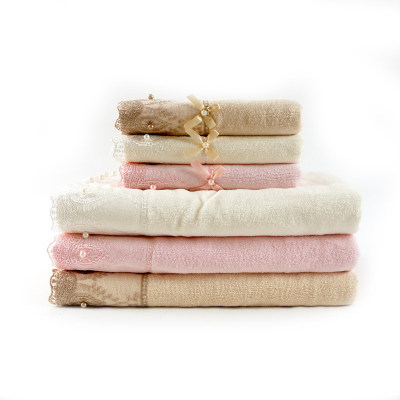 Good design plain weave velvet towel with a beautiful lace and bowknot pearl,customizable design