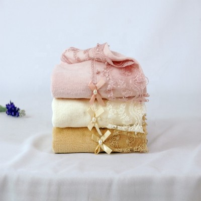 Plain weave velvet towel with a beautiful lace and bowknot, factory supply, customizable design.