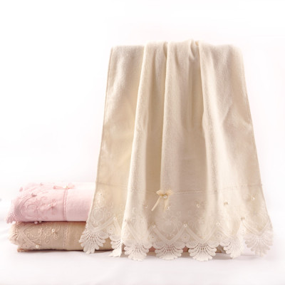 Good design plain weave velvet towel with a beautiful lace and bowknot pearl,customizable design.