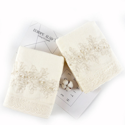 Beautiful lace and pearl plain velvet towels, exquisite high - grade gift towels, 100 % pure cotton