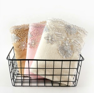 Plain weave velvet towel with beautiful lace and pearl silver thread ,luxury good quality gift towel