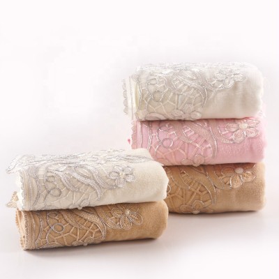 Plain weave velvet towel with beautiful lace and pearl silver thread ,luxury good quality gift towel
