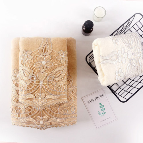 Plain weave velvet towel with beautiful lace and pearl silver thread ,luxury good quality gift towel