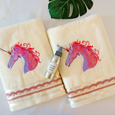 100% cotton embroidery animal velvet plain color towel, gift towel with lace,reusable.