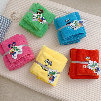 Softer plain color microfiber towel,coral fleece quick dry towel with children cartoon embroidery