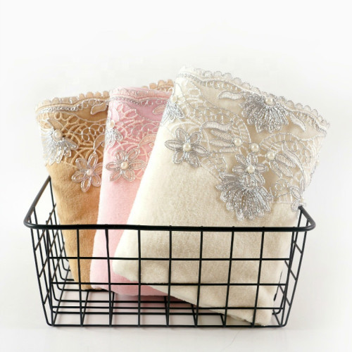 100% cotton velvet towel with beautiful lace and pearl silver thread ,luxury good quality gift towel