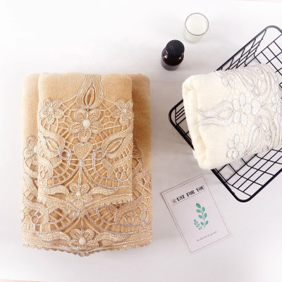 100% cotton velvet towel with beautiful lace and pearl silver thread ,luxury good quality gift towel