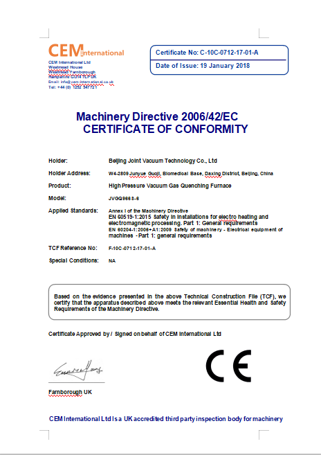 Machinery Directive 2006/42/EC  CERTIFICATE OF CONFORMITY