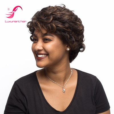 100%human hair Short Wigs  Natural curl wig half machine made