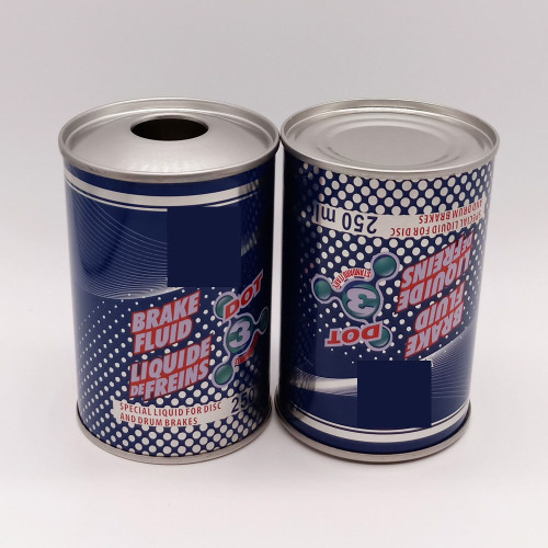 Factory wholesale metal empty can for brake fluid oil round tinplate bottles with plastic screw top cap