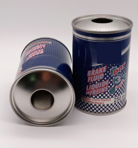 Empty brake fluid oil can tinplate with plastic screw top cap