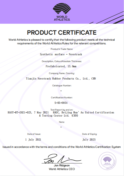 The renewed World Athletics. certificate for Novotrack,athletic track surfaces running track material