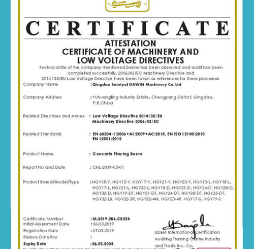 CE certificates for HGY series concrete placing booms