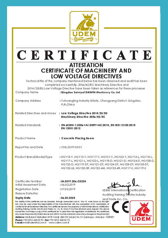 CE certificates for HGY series concrete placing booms