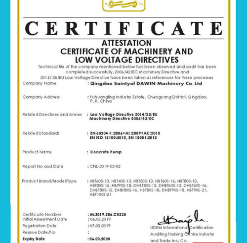CE certificates for HBT DHBT series Concrete Pump