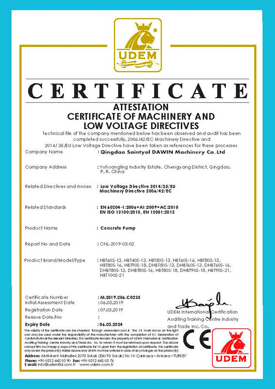 CE certificates for HBT DHBT series Concrete Pump