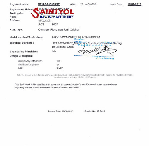 SafeWork Certificates for HGY Spider Mobile Concrete Placing Boom and tower column hydraulic jack-up concrete placing boom