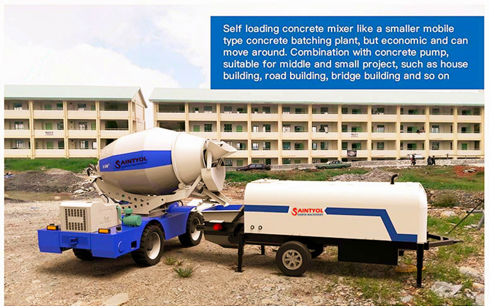 self loading concrete mixer truck working with stationary concrete pump