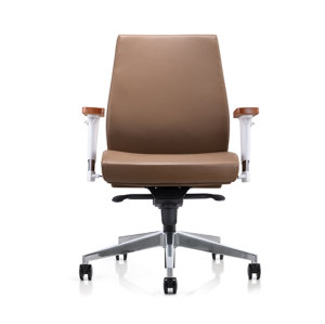 Mid-back PU/leather office swivel chair with aluminum height adjustable armrest&wood top, Aluminum base