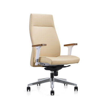 Y&F chaise pivotante de bureau PU à dossier élevé avec accoudoir en bois, base en aluminium