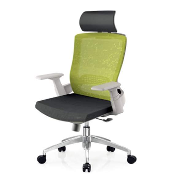Chaise de bureau en maille à dossier haut avec base en aluminium, accoudoir en PP, appui-tête réglable (YF-A32-blanc)