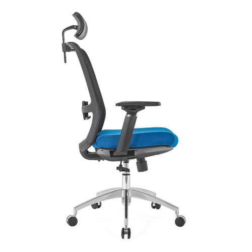 Сетчатое кресло руководителя с высокой спинкой и алюминиевым основанием, подлокотник 4D, регулируемый по высоте подголовник (YF-GA10-Blue)