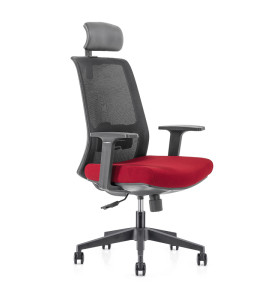 Chaise de direction en maille à dossier haut avec base en nylon, accoudoir en PP, appui-tête réglable en hauteur (YF-GA10-Red)