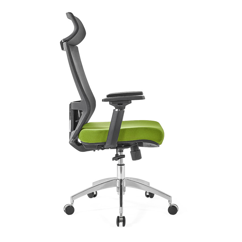 Сетчатое кресло для руководителя с высокой спинкой и алюминиевым основанием 350 мм, подлокотник 4D, регулируемый по высоте подголовник (YF-GA12-Green)