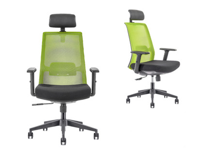 Chaise de direction en maille de bureau à dossier haut avec base en nylon, accoudoir en PU, appui-tête réglable en hauteur (YF-GA09-Green)