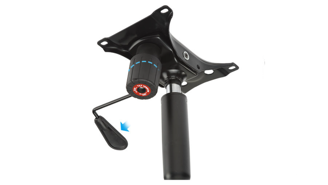 Close-up of an adjustable lumbar support mechanism on an executive chair