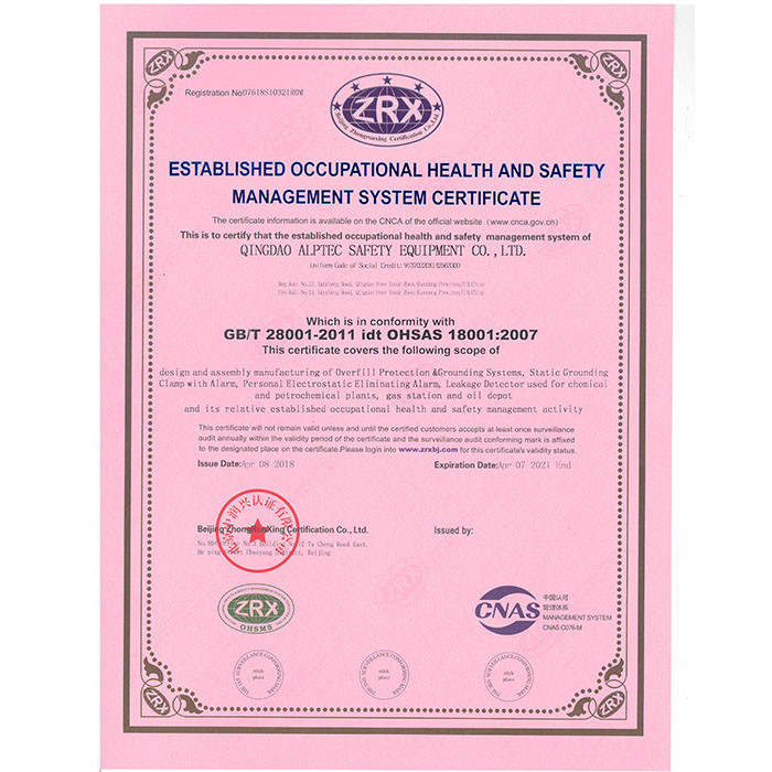 Established Occupational Health and Safety Management System Certificate