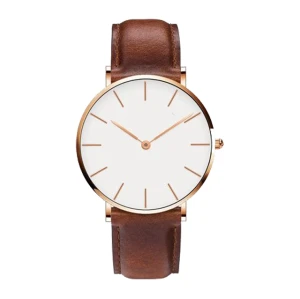 Watch With Custom Logo Men's Ultra-Thin Quartz Wrist Watch with Brown Leather Strap