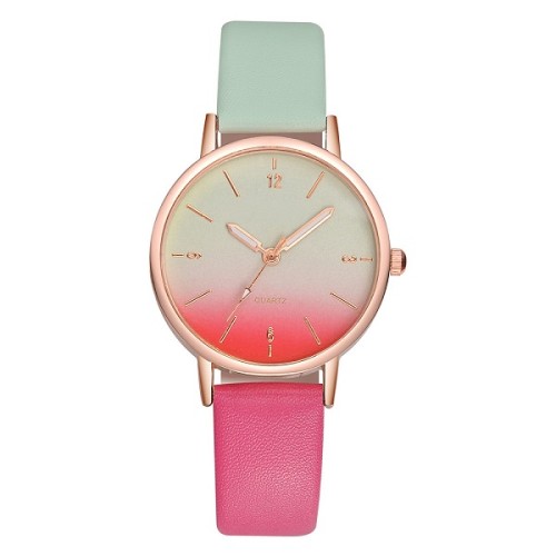 Fashion Personality Color Pointer Watch Simple Elegant Leather Gradient Ramp Strap Quartz Ladies Wrist Watch