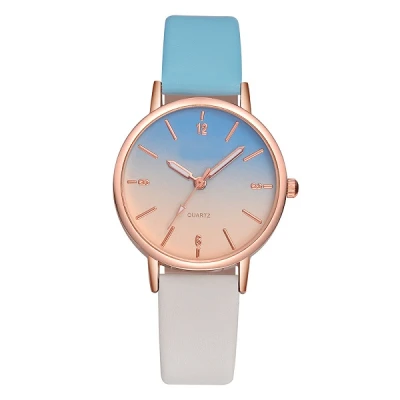 Fashion Personality Color Pointer Watch Simple Elegant Leather Gradient Ramp Strap Quartz Ladies Wrist Watch