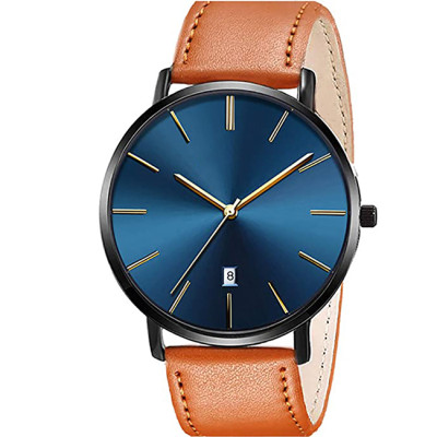 2021 new waterproof slim simple big face dress wrist watch with retro leather band watch for men