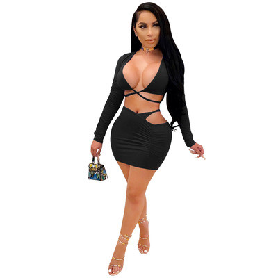 European and American hot sale sexy cross strap bag hip skirt long sleeve two-piece female
