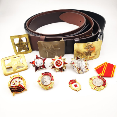 Customize Genuine Leather Wide Belt Straps Cross Military Pin Buckle Brown Belt