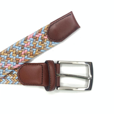 Women's Braided Elastic Stretch Belt Leather Tipped End and Metal Buckle